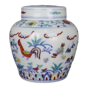 Early 20th Century Chinese Ceramic Tea Jar China Blue and White Doucai Porcelain Chenghua Tian Marked Jar Hand Painted Chickens Pattern