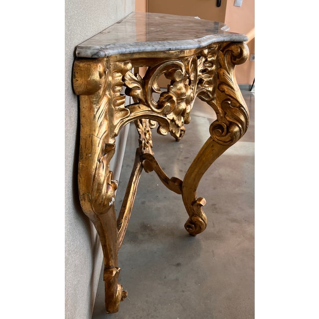 Early 19th Century Spanish 19th Baroque Carved & Gilted Walnut Ormolu and Marble Console Table For Sale - Image 5 of 13