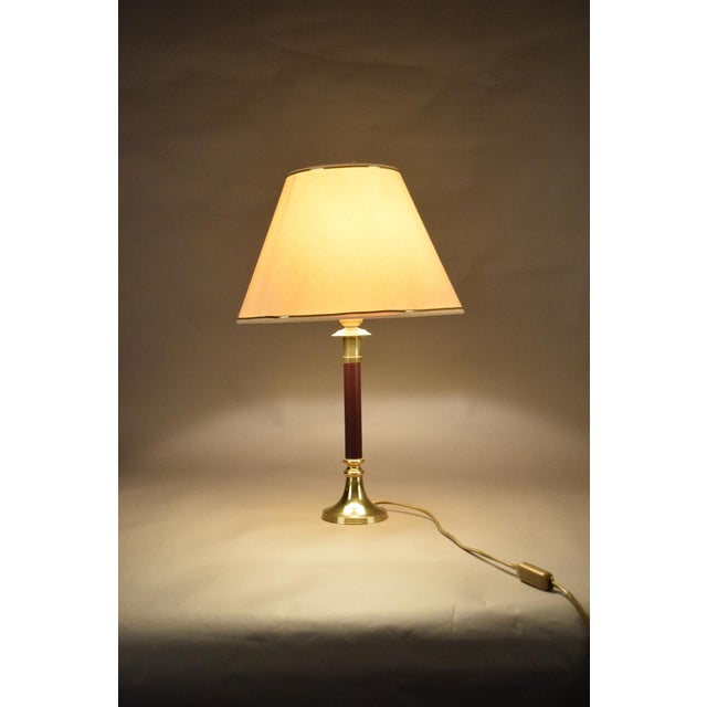Vintage Brass Table Lamp with Burgundy Column and White Shade, 1980s For Sale - Image 3 of 11