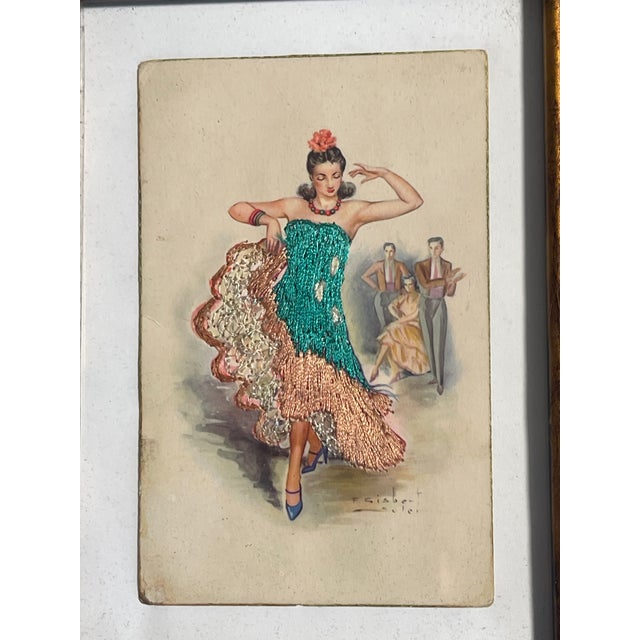 Spanish Pair Antique Spanish Embroidered Flamenco Postcards Framed For Sale - Image 3 of 6