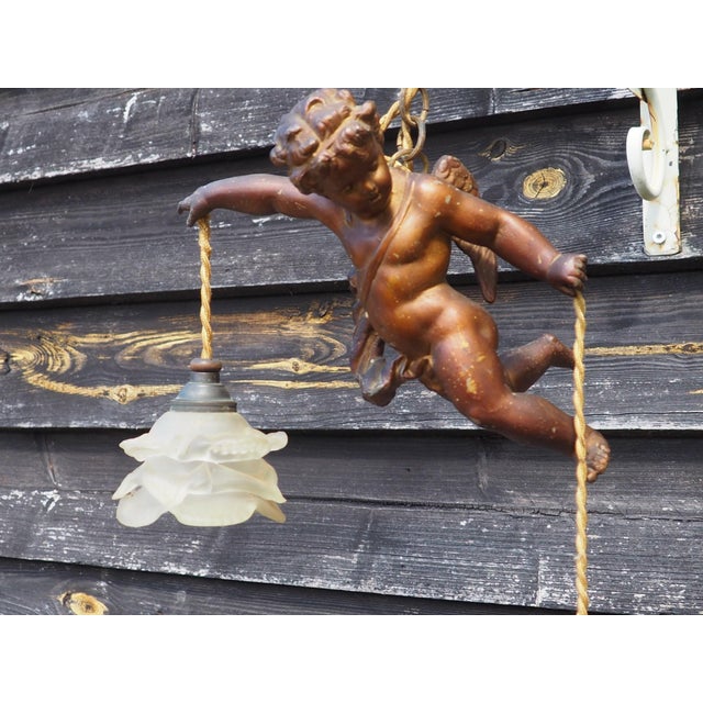 Antique French Cherub Pendant Light in Flying Putti and Glass Flower Shades, 1920s For Sale - Image 14 of 18