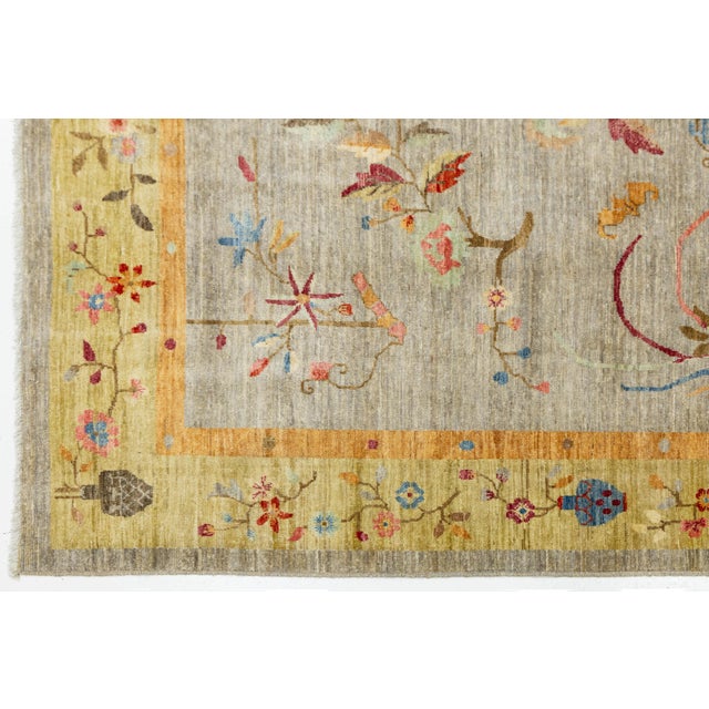 Hand-Knotted Modern Chinese Botanical Wool Area Rug - Slate Grey & Marigold For Sale - Image 10 of 11