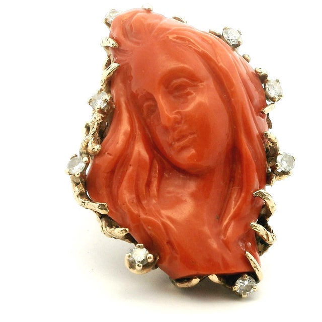 Italian Carved Red Coral Diamond 14k Gold Statement Ring, Circa 1970s, Size 6.25 For Sale - Image 12 of 13