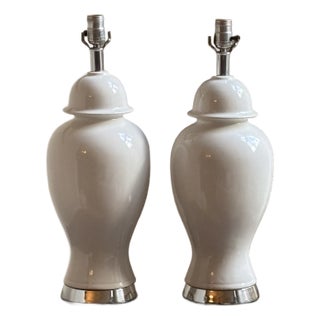 1960s White & Chrome Ginger Jar Table Lamps — A Pair For Sale