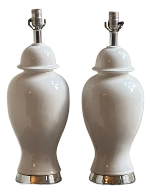 1960s White & Chrome Ginger Jar Table Lamps — A Pair
