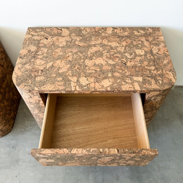 Vintage 1970s Mid Century Modern Pair of Cork Nightstands Burlwood For Sale - Image 11 of 12