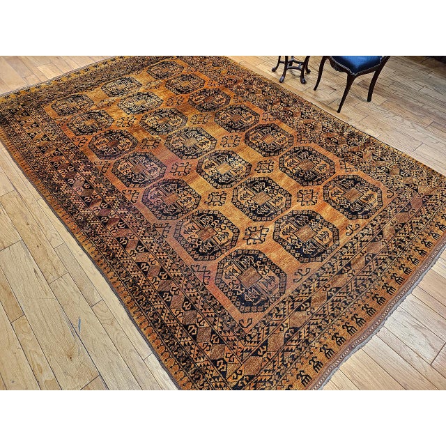 Vintage Afghan Ersari Rug, Hand-Knotted Wool, Allover Geometric Design, Camelhair & Navy, 9’ X 13’ For Sale - Image 16 of 16