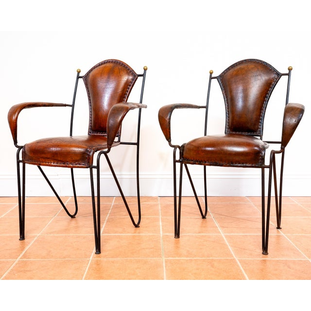 Mid-Century Bauhaus Modern Sculptural Leather Armchairs in Iron and Brass from Jacques Adnet, 1950s, Set of 2 For Sale - Image 15 of 18