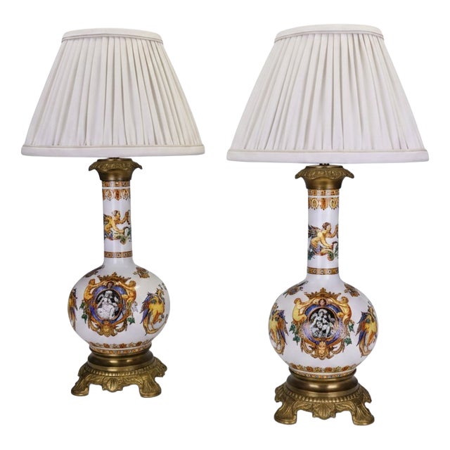 Antique Neo-Renaissance Italian Majolica Porcelain Table Lamps, 1880, Set of 2 For Sale
