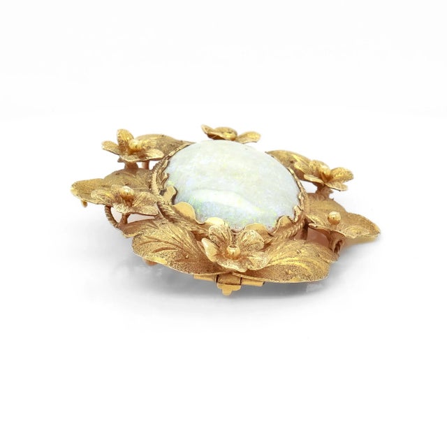 Vintage 14k Gold and Opal Cabochon Floral Brooch For Sale - Image 9 of 12