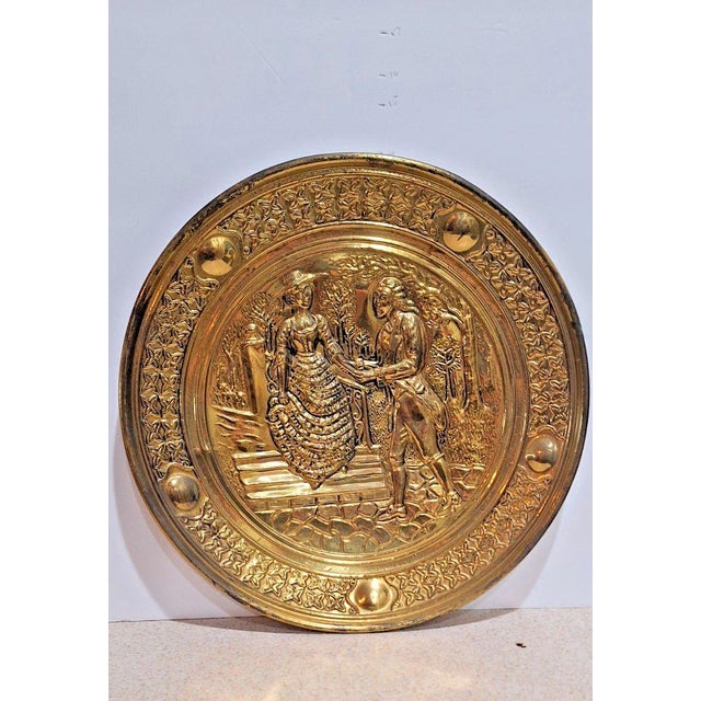 Brass Repoussé Wall Plaques, Courting Couple Scenes, Round Pair For Sale - Image 6 of 6