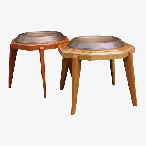Octagonal Wooden Tables with Spun Copper Concave Tops, 1980s, Set of 2 For Sale - Image 9 of 9