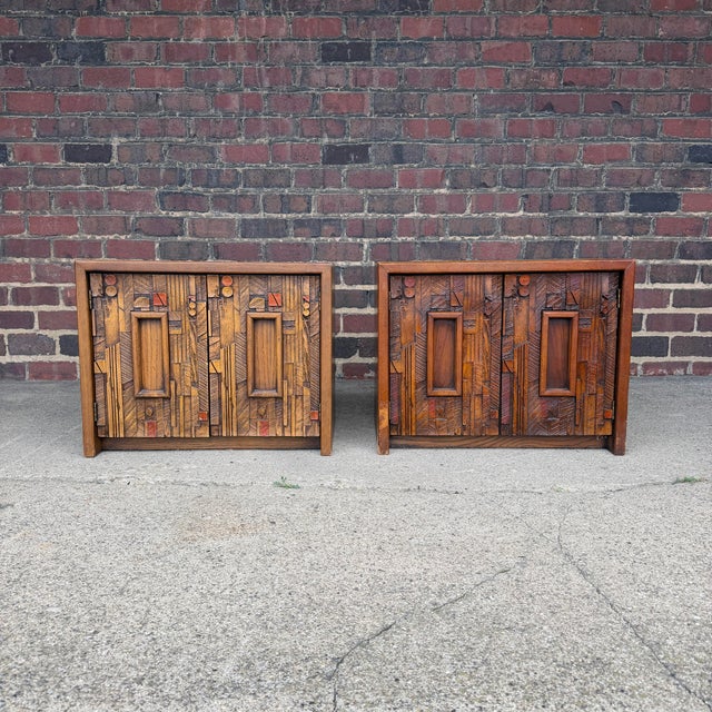 Exceptional pair of vintage Lane Furniture “Pueblo” collection nightstands, dating to the 1970s. One of Lane’s most...