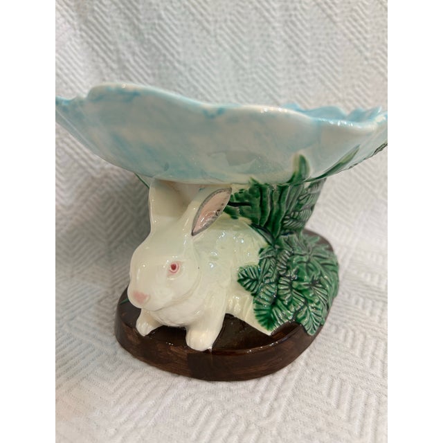 1980s 1985 Haldon Group Majolica Style Bunny Rabbit Compote For Sale - Image 5 of 8