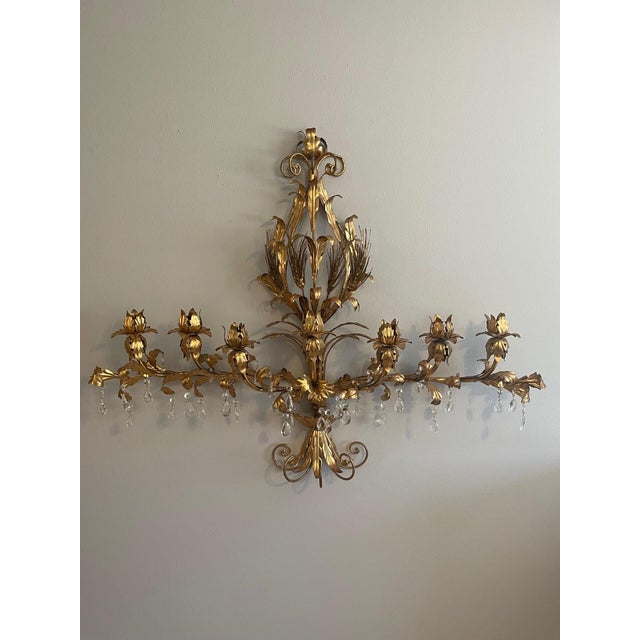 Large Mid 20th Century Italian Gilt Tole Candelabra Style Sconce With Crystals For Sale - Image 17 of 17