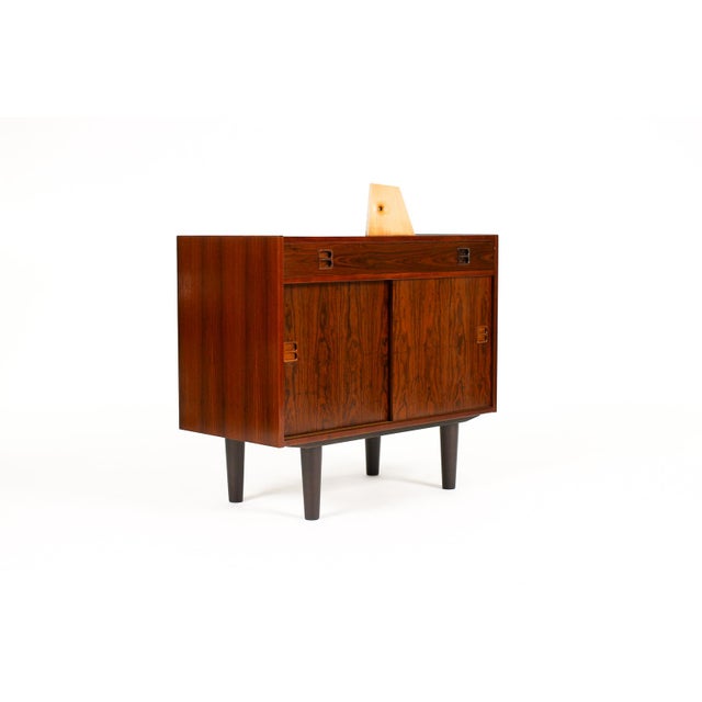 #2013 — Danish Modern / Mid Century Compact Rosewood Credenza / Sideboard — Sliding Doors + Shallow Drawer Great compact...