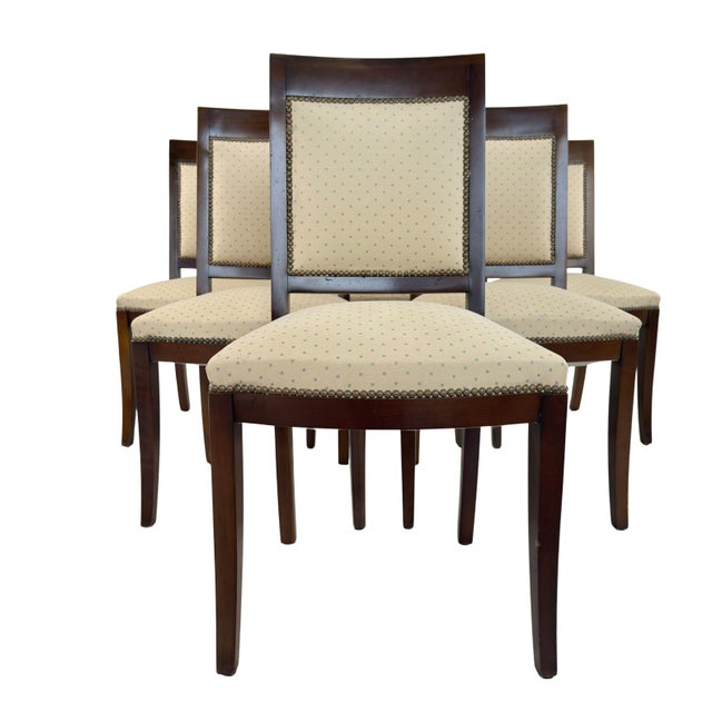 Dimensions: H 36.5” x W 19” x D 18.5” x SH 20” Set of 6 Vintage French dining chairs with original beige fabric seats and...