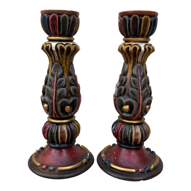Vintage Hand-Carved Polychrome Wood Candle Holders – Pair For Sale