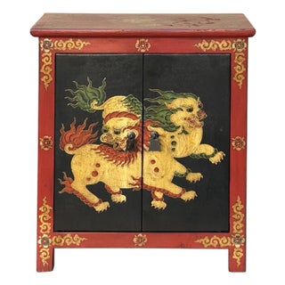 Tibetan Oriental Black Red Foo Dogs Lions End Table Nightstand For Sale