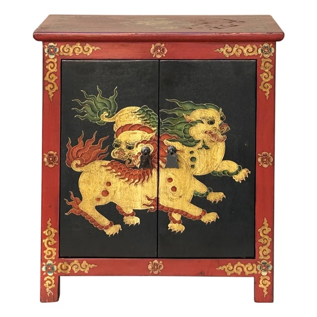 Tibetan Oriental Black Red Foo Dogs Lions End Table Nightstand For Sale