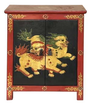 Tibetan Oriental Black Red Foo Dogs Lions End Table Nightstand