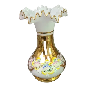 Vintage Bohemian Glass Hand Painted Floral Enamel Gilded Ruffled Top Vase