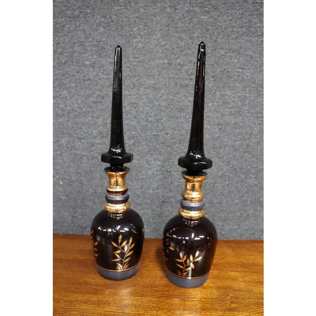 Early 20th Century Royal Purple Art Glass Decanters With Gold Horse Overlay - Pair For Sale - Image 9 of 14