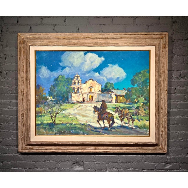 American Marjorie Reed –Franciscan Rider Approaching Mission San Diego De Alcalá at Dusk-Oil Painting For Sale - Image 3 of 13