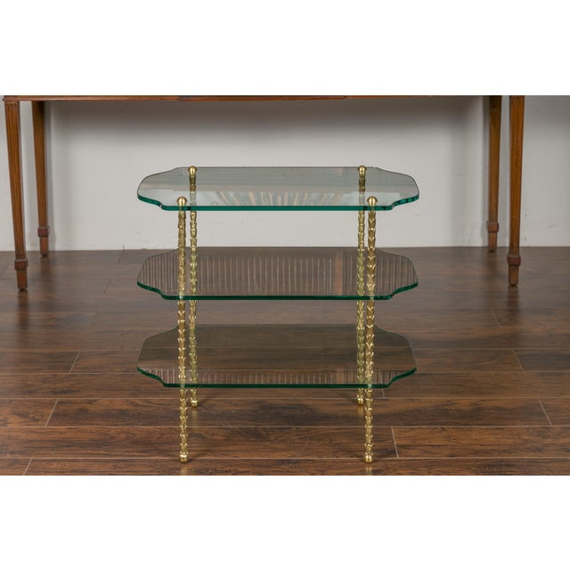 Mid 20th Century Mid 20th Century Brass Three-Tiered Table with Glass Shelves and Foliage Motifs For Sale - Image 5 of 12