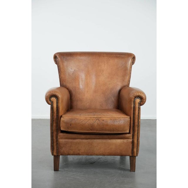 Beautiful vintage armchair made of sheepskin leather with character and warm colors. : This characterful vintage armchair...