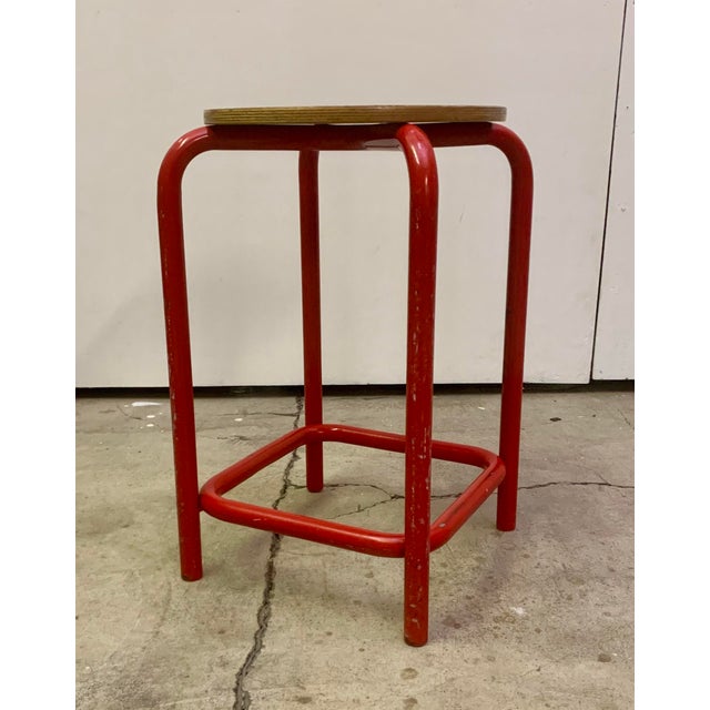 Vintage Industrial Danish Stool Red Metal Stool For Sale In New York - Image 6 of 9