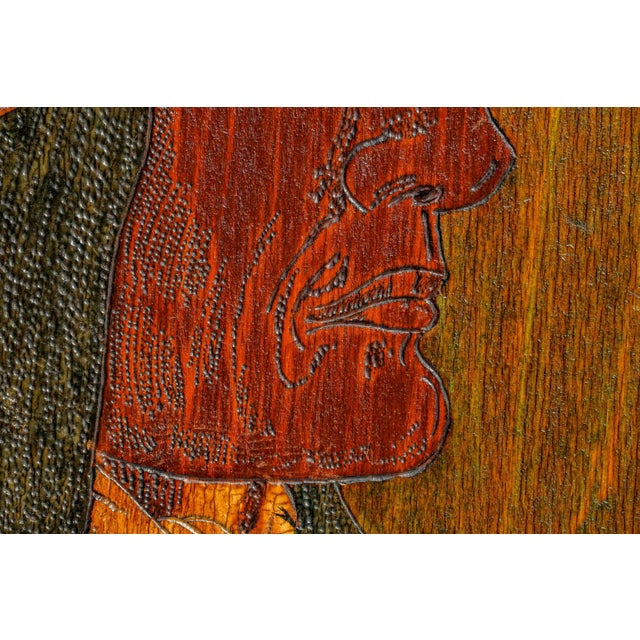 Wood 1900s Native American Indian Chief Pyrography Plaque Antique Hand Painted Folk Art Wood Wall Hanging Home Decor For Sale - Image 7 of 13