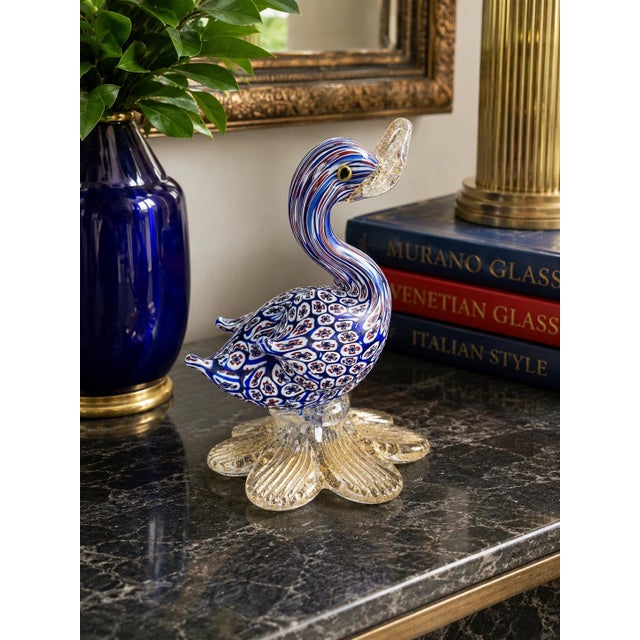 A striking vintage Murano art glass swan showcasing exceptionally intricate millefiori and murrine cane work throughout...