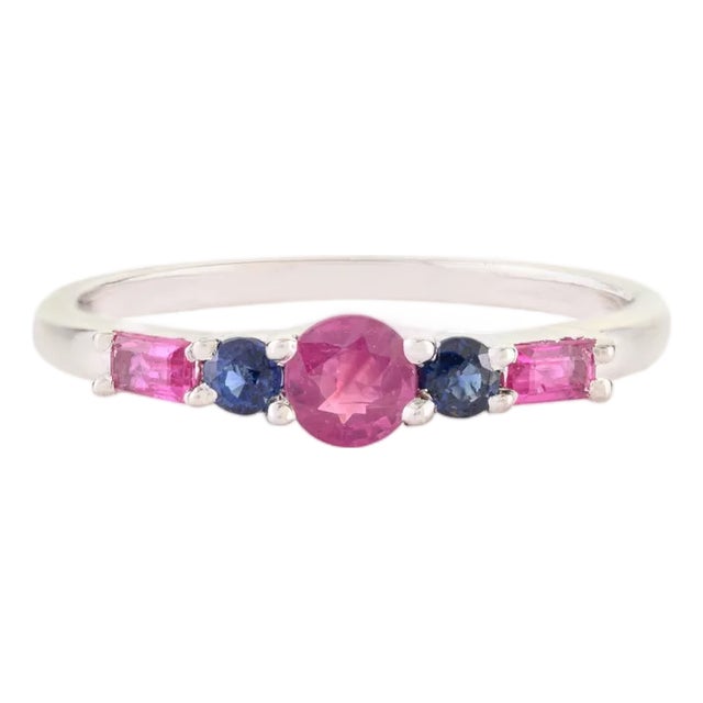 14k White Gold Ruby & Sapphire Five Stone Stackable Band Ring Size 5.5 For Sale