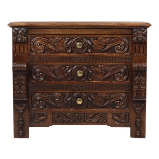 Vintage Carved Oak Cabinet Chest of Drawers with Mythical Figures For Sale