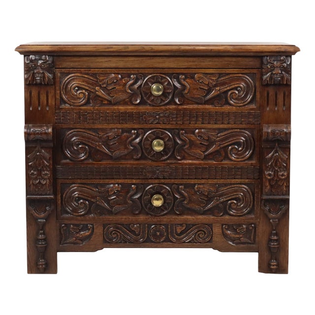 Vintage Carved Oak Cabinet Chest of Drawers with Mythical Figures For Sale