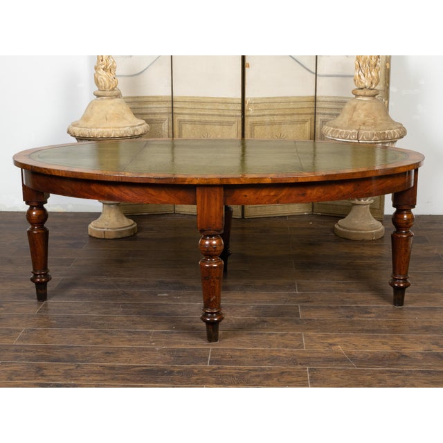 Brown English 19th Century Mahogany Table with Green Leather Oval Top and Turned Legs For Sale - Image 8 of 12