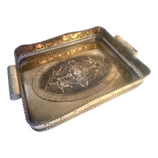 Brass Tray Pierced Decorative Gallery and Large Cylindrical Handl For Sale