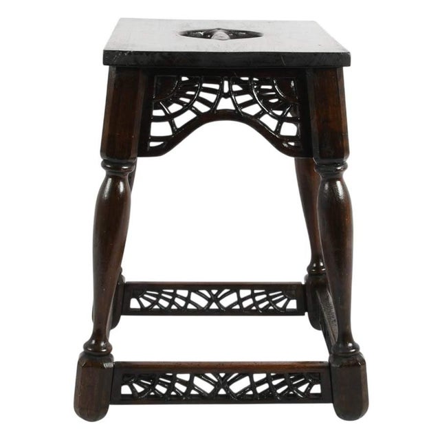 Signed F. W. Tyler Hand-Carved Wooden Stool Dated 1943 With Pierced Openwork Panels For Sale - Image 4 of 9