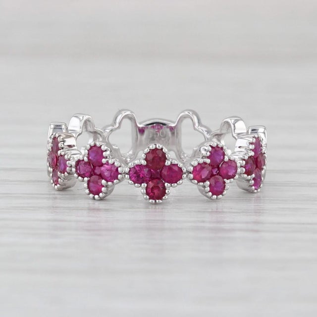 Red 0.78ctw Ruby Flower Ring 18k White Gold Stackable Size 6.5 Band For Sale - Image 8 of 8