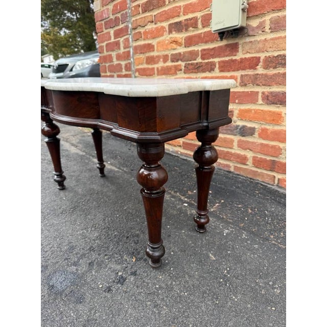 Brown Antique Victorian Marble Top Flame Mahogany Low Console Table For Sale - Image 8 of 16