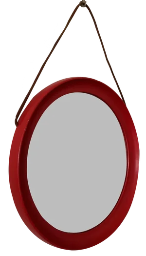 Mid-Century Scandinavian Red Round Wooden Mirror with Leather Strap, 1950s