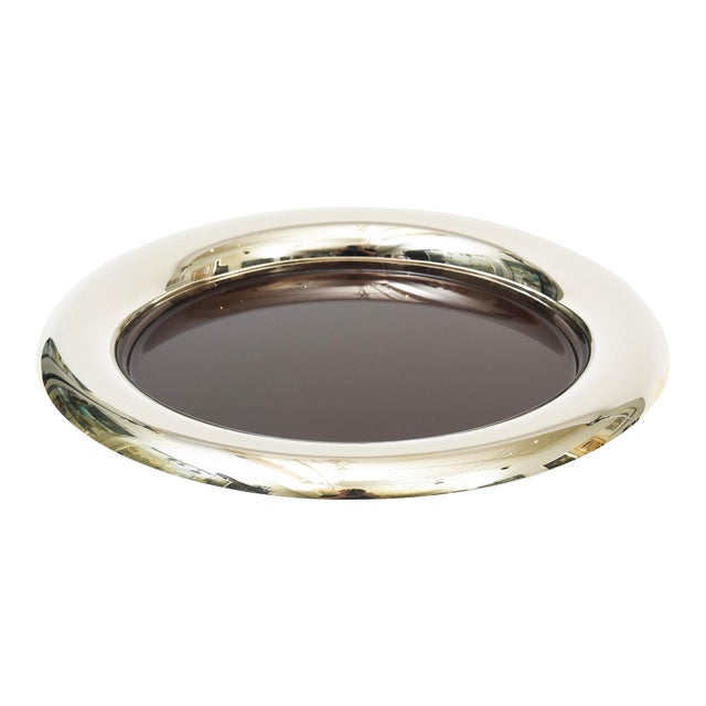 Italian Vintage Nickel Silver and Brown Enamel Round Tray Restored For Sale