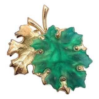 Vintage Signed Napier Goldtone Over Sterling & Green Glass Leaves Brooch For Sale