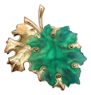 Vintage Signed Napier Goldtone Over Sterling & Green Glass Leaves Brooch