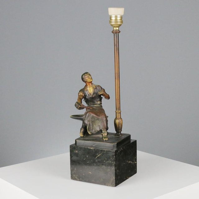 Black Bronze Blacksmith Sitting on an Anvil Table Lamp from Otto Schmidt-Hofer For Sale - Image 8 of 8