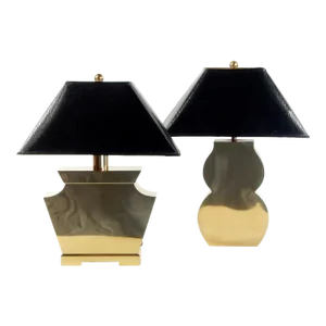 Post-Modern Streamline Brass "Shapes" Lamps With Faux Black Reptile Skin Shades