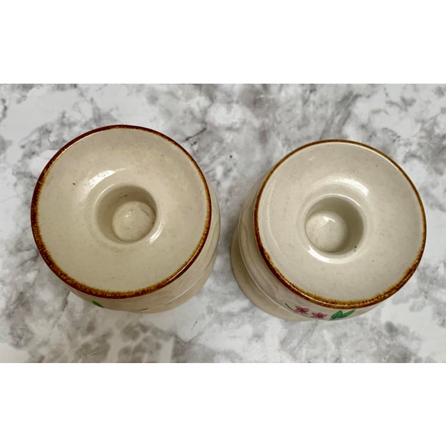 French Country Cottage Pottery Ceramic Painted Candleholders, a Pair For Sale - Image 4 of 5