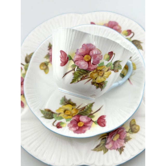 English Shelley Begonia Trio Dainty Shape, Vintage English Bone China 3 Piece Tea Set For Sale - Image 3 of 9
