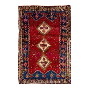1960s Vintage Persian Shiraz Handmade Red Medallion Wool Rug